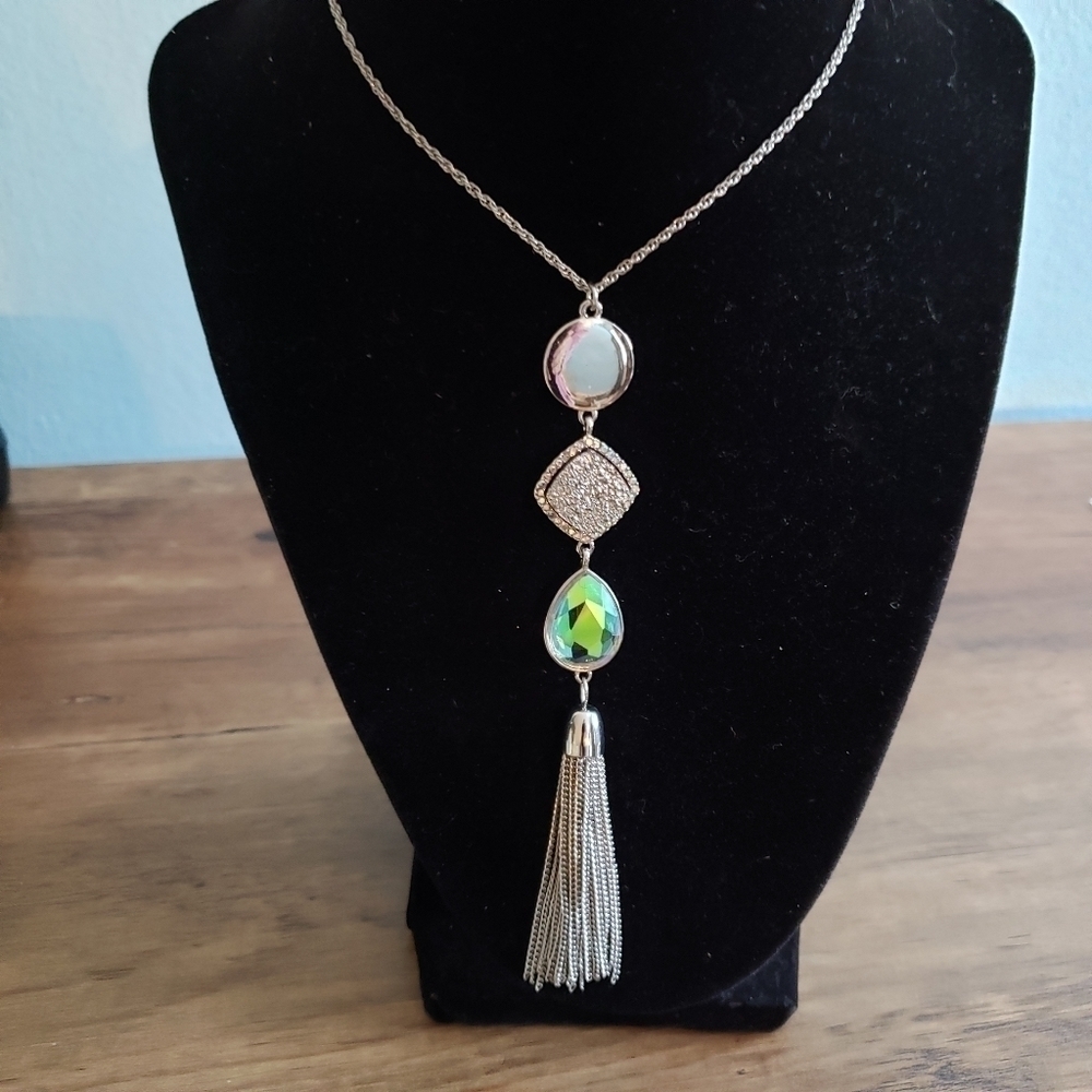 Drop Tassel Green and Silver Tone Necklace